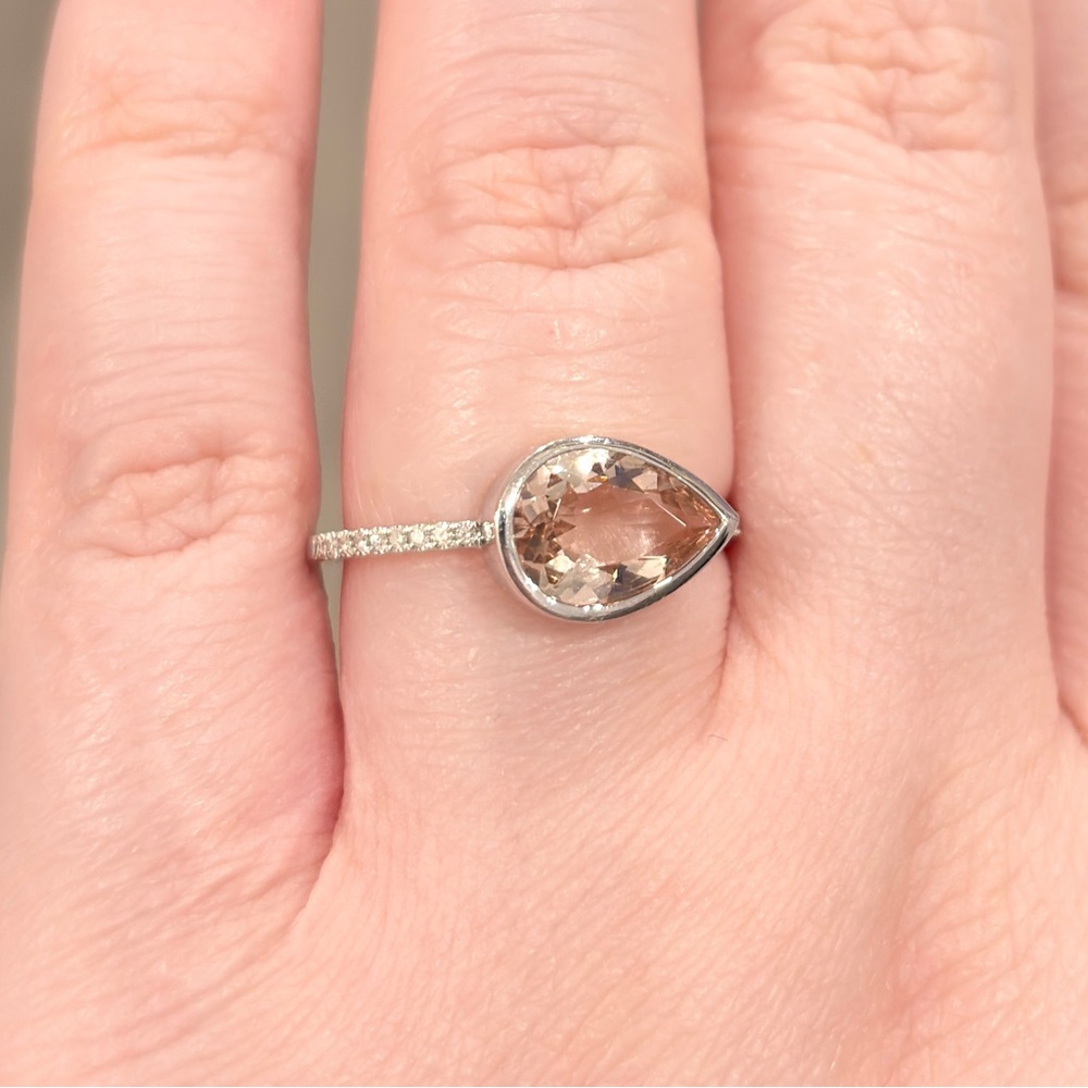 18K Morganite Diamond Ring: 3 Carat Pear Solitaire Peach Bezel Size 7.25 - Picture 5 of 11